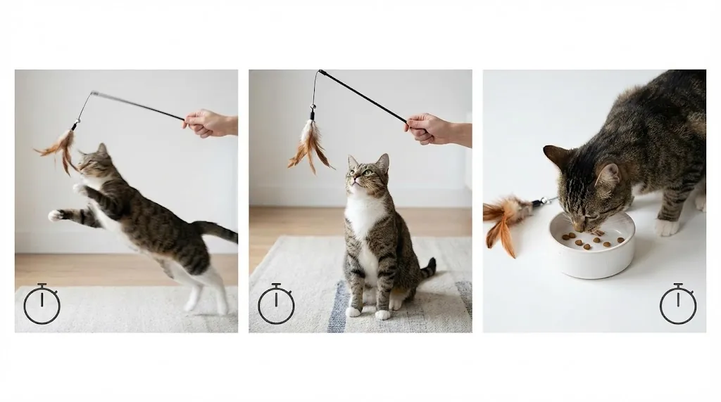 Visual sequence showing short play bursts, pause, then treat for a cat in heat