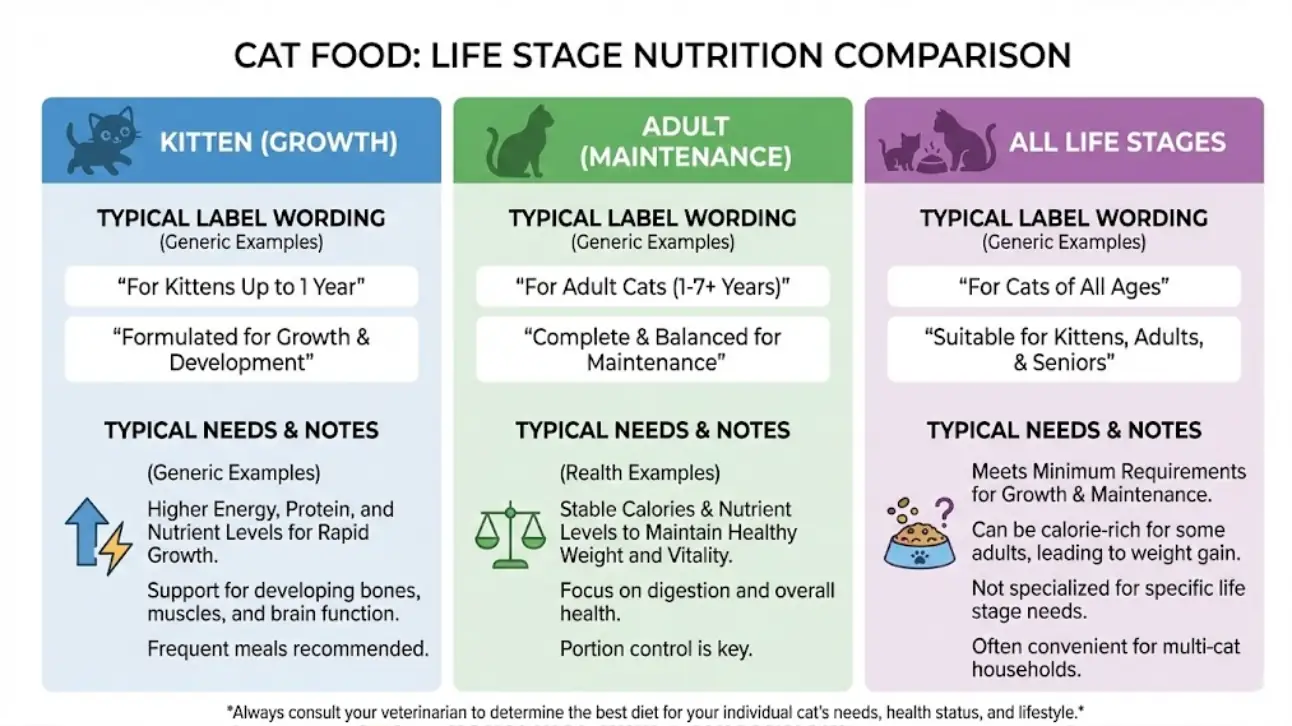 Life stage comparison for wet cat food showing kitten growth, adult maintenance, and all life stages with label wording examples