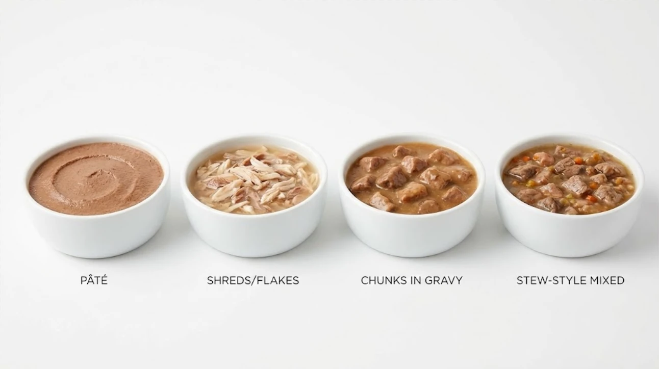 Side-by-side comparison of wet cat food textures including pâté, shreds, chunks in gravy, and stew-style