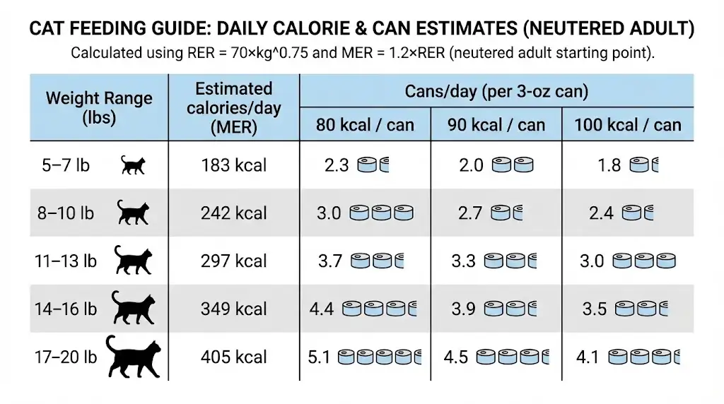 Visual feeding chart converting estimated daily calories into 3-oz cans per day across common weight ranges
