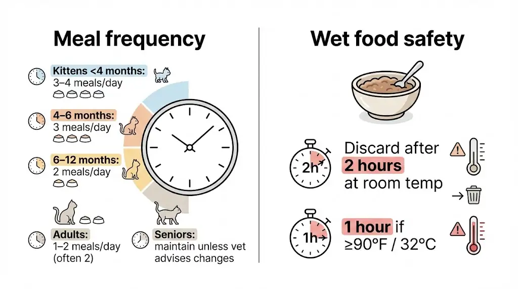 Infographic showing recommended meal frequency by life stage and the 2-hour wet food discard rule