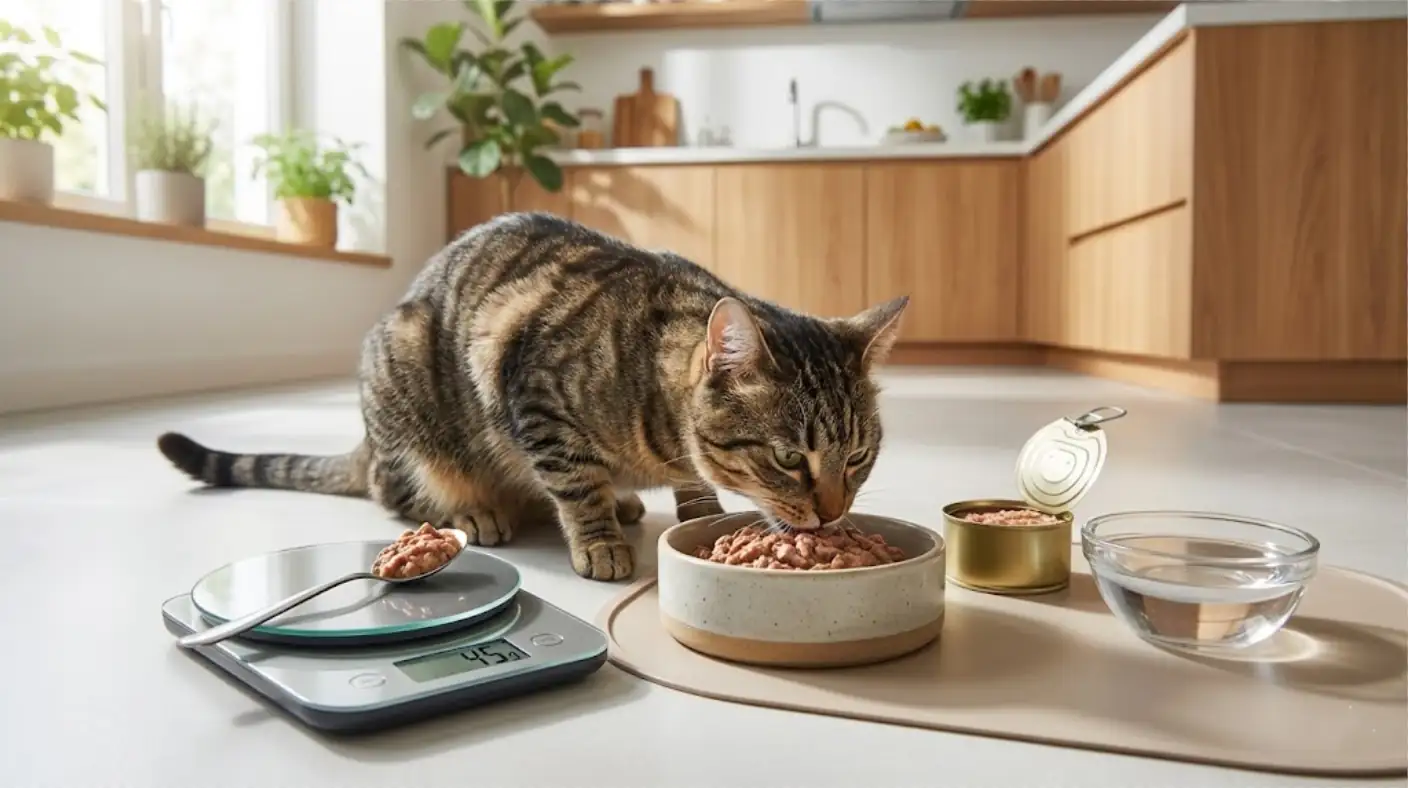 Cat eating wet food while an owner measures portion sizes with a kitchen scale