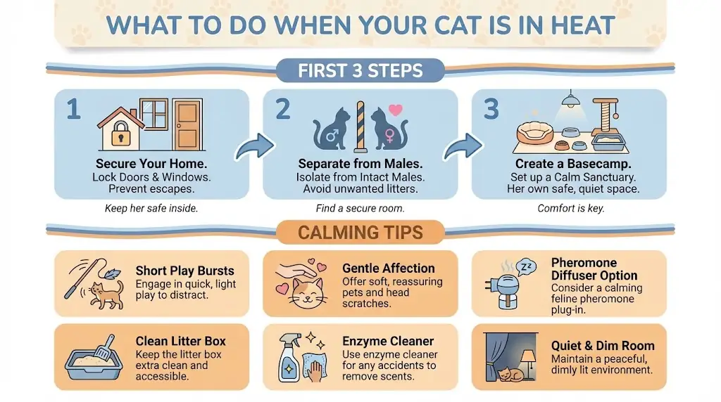 Safety and comfort steps for caring for a cat in heat at home