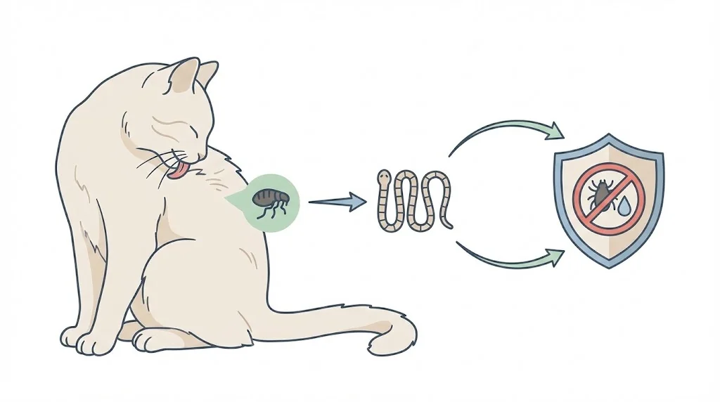 Diagram showing fleas as a tapeworm transmission route and how year-round flea prevention blocks it