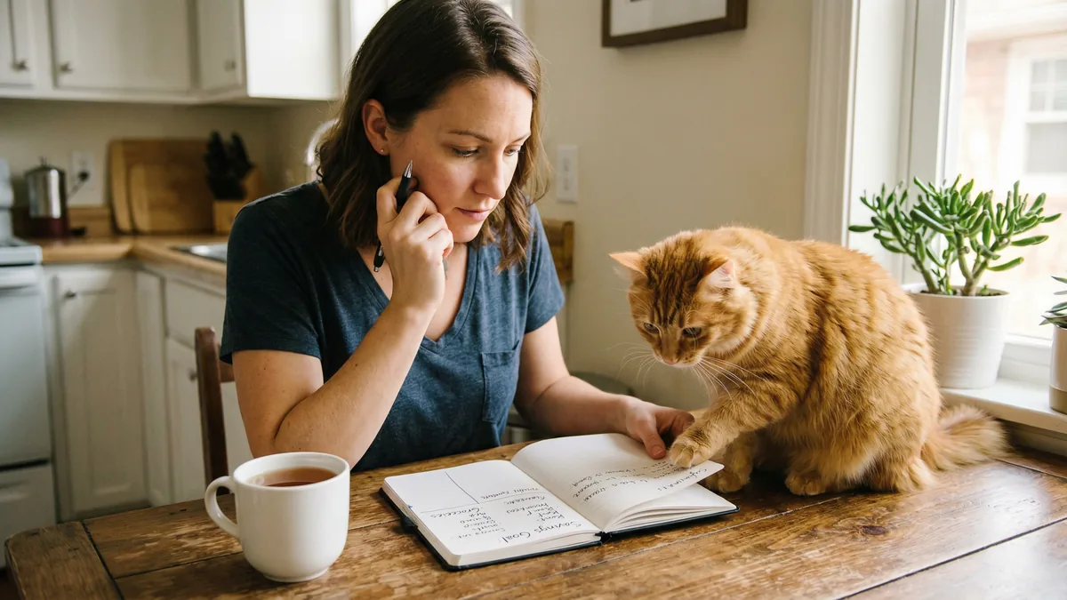 A woman reviewing a budget notebook at a kitchen table with her orange cat beside her