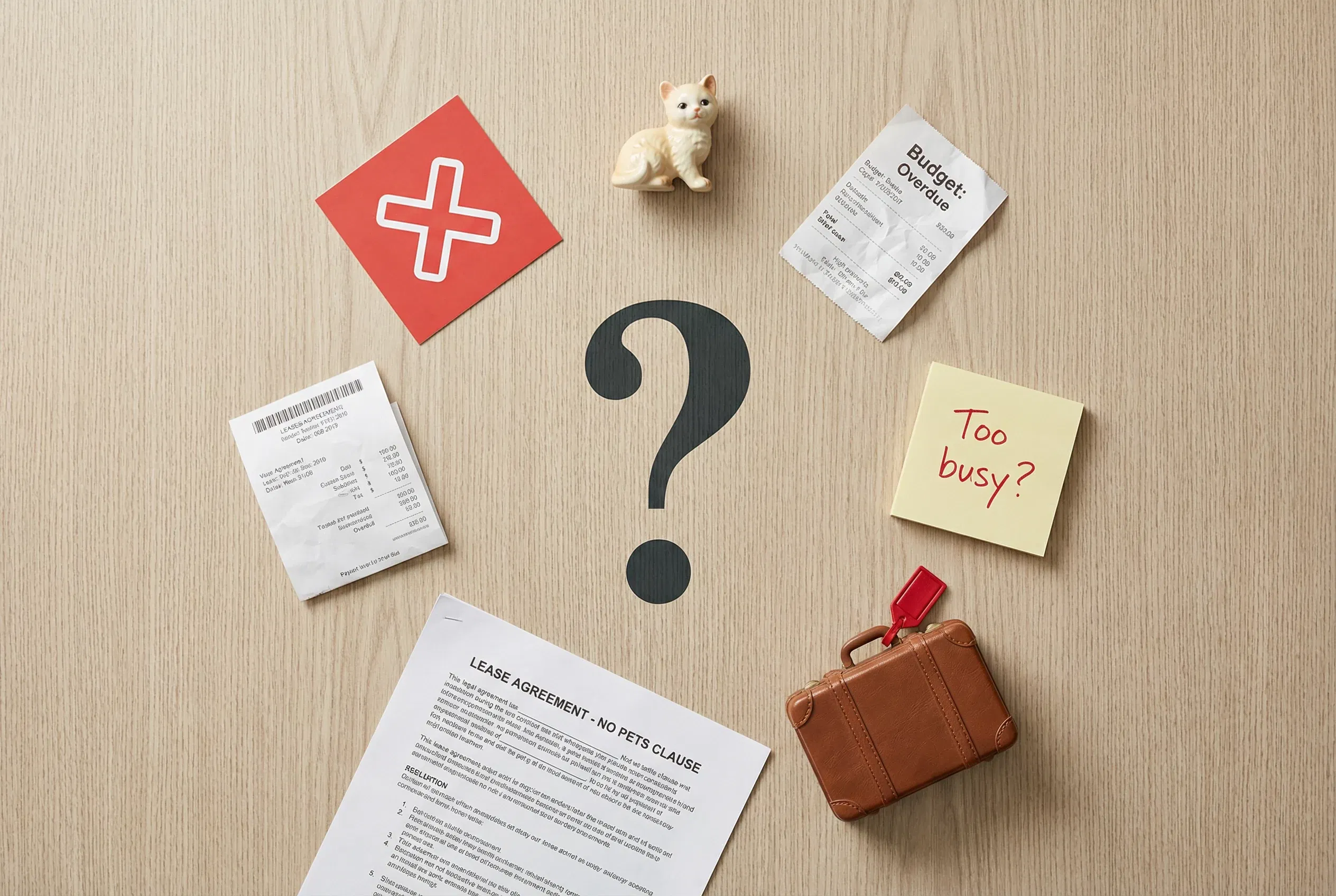 Warning signs you are not ready to adopt a cat, showing a no-pets lease, an overdue budget receipt, and a suitcase