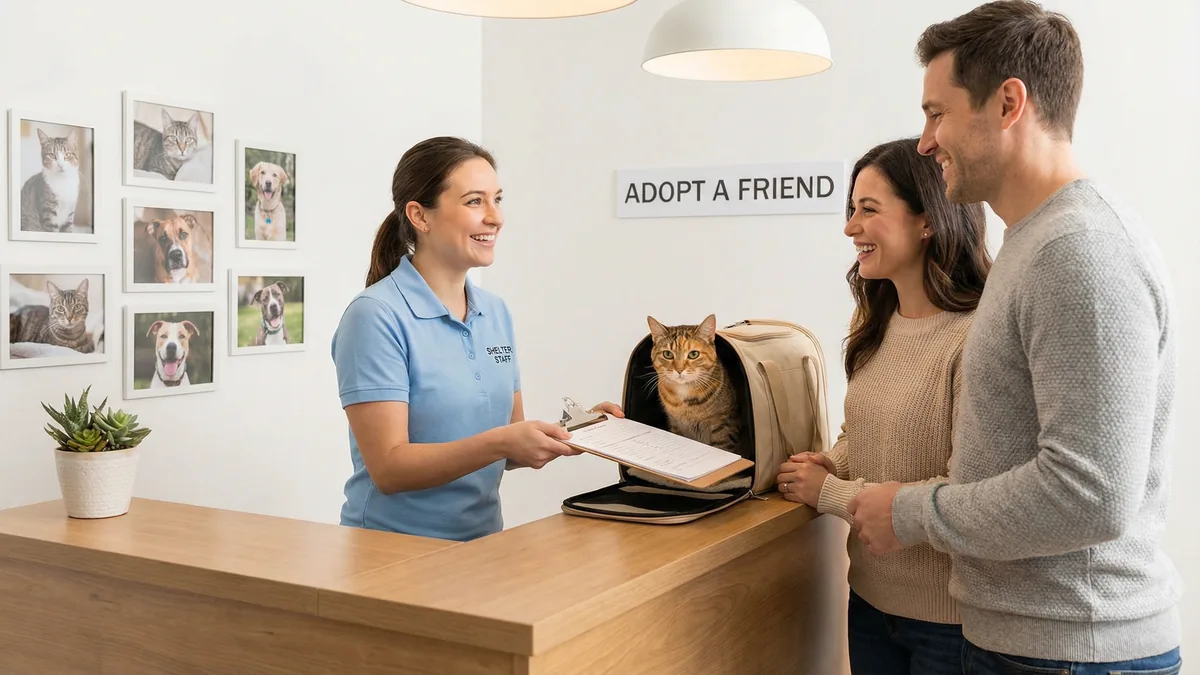 A shelter volunteer handing adoption paperwork to a happy couple with a cat in a carrier