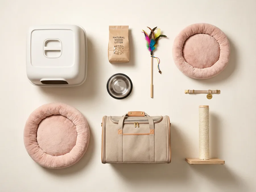 Essential cat supplies laid out on a white surface: litter box, carrier, bed, toys, bowls, and scratching post
