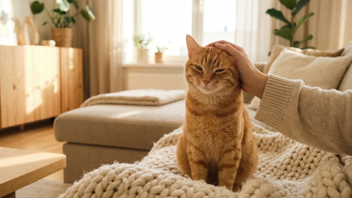 A beautiful adult orange tabby cat sitting calmly on a cream sofa while a woman gently strokes its head in a warm, sunlit living room