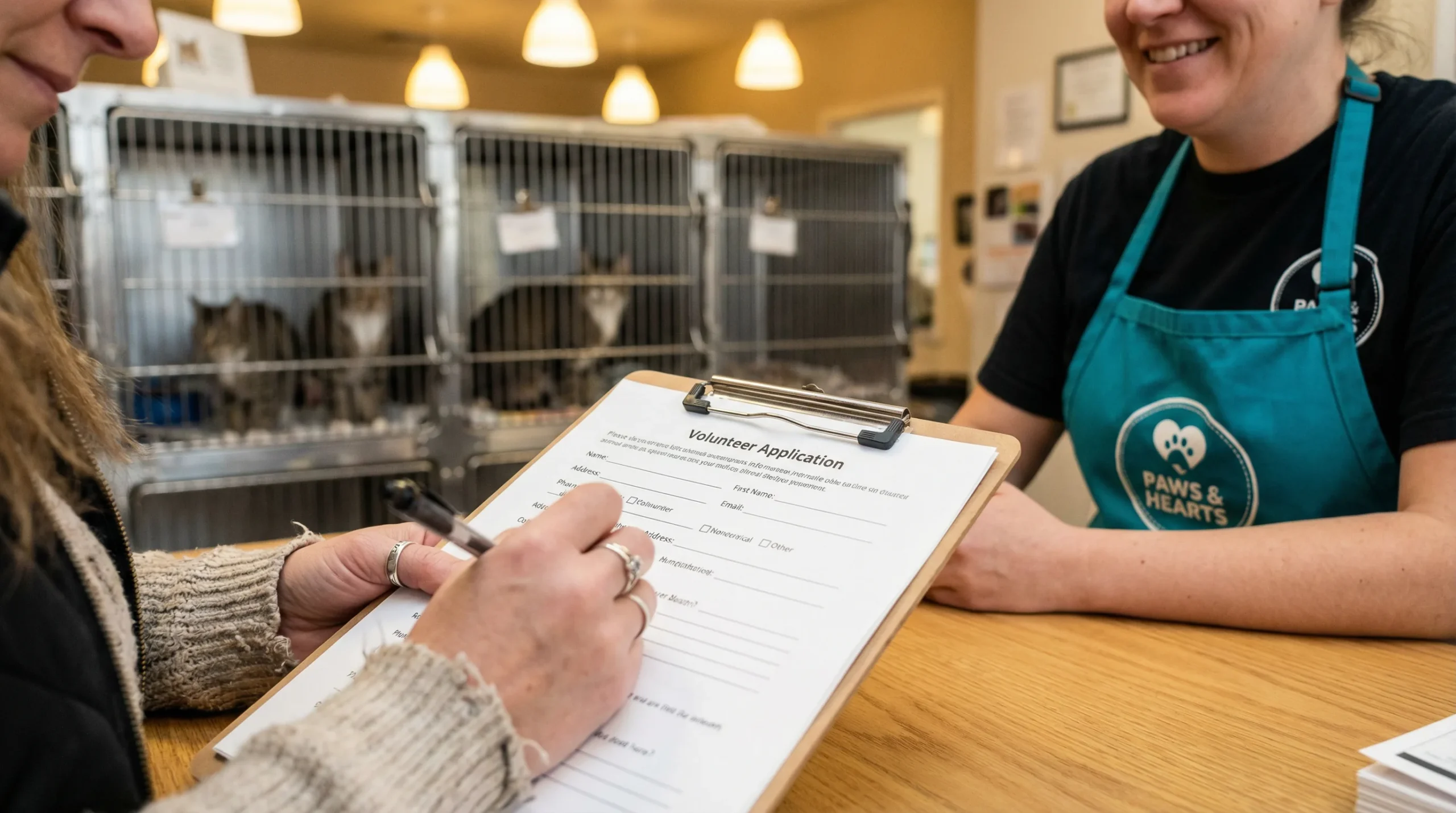 Woman filling out a cat adoption form at a shelter desk with a volunteer in a teal apron