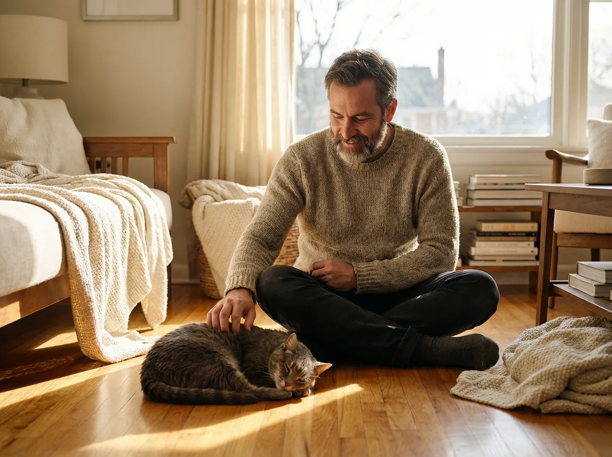 Man sitting on a hardwood floor gently stroking a grey senior cat lying in a relaxed, trusting position in warm afternoon light