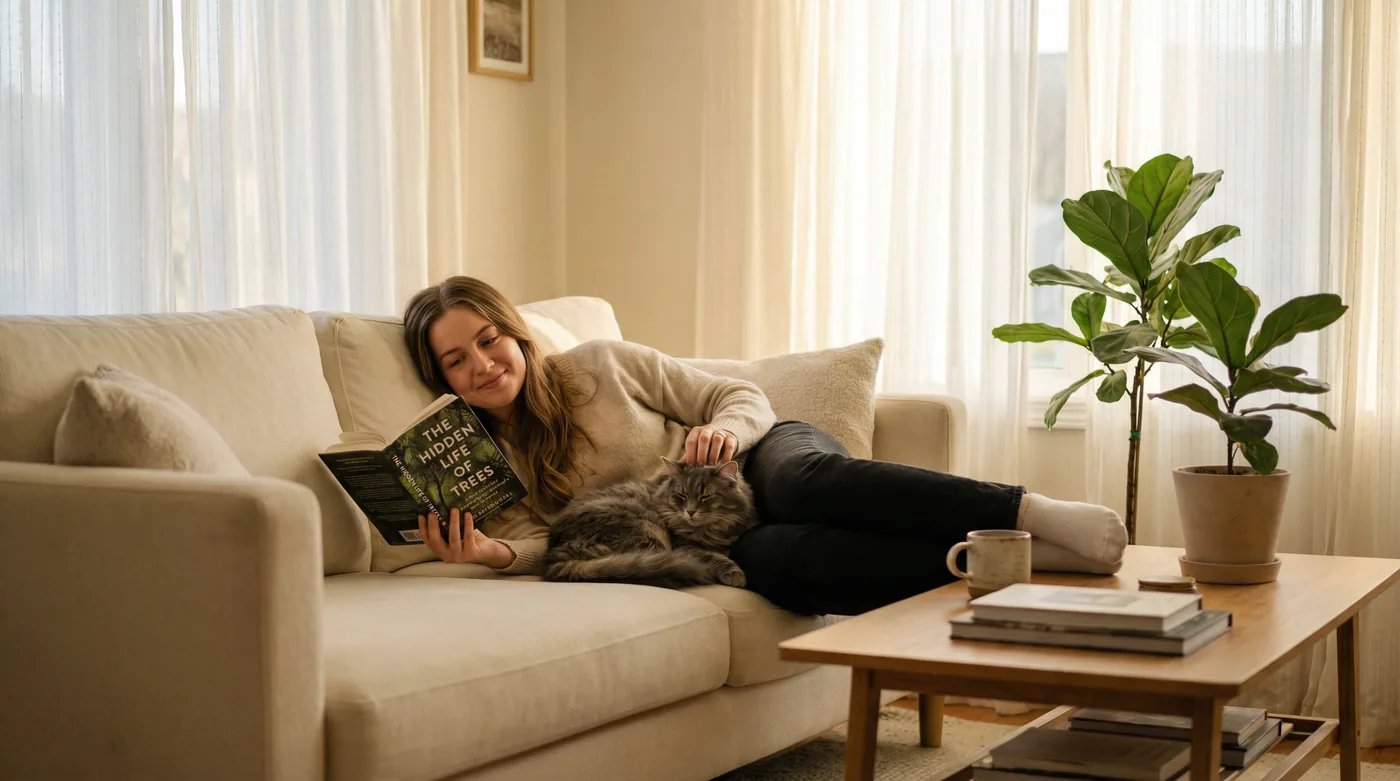 Person gently petting a relaxed tabby cat on a couch in a warm living room