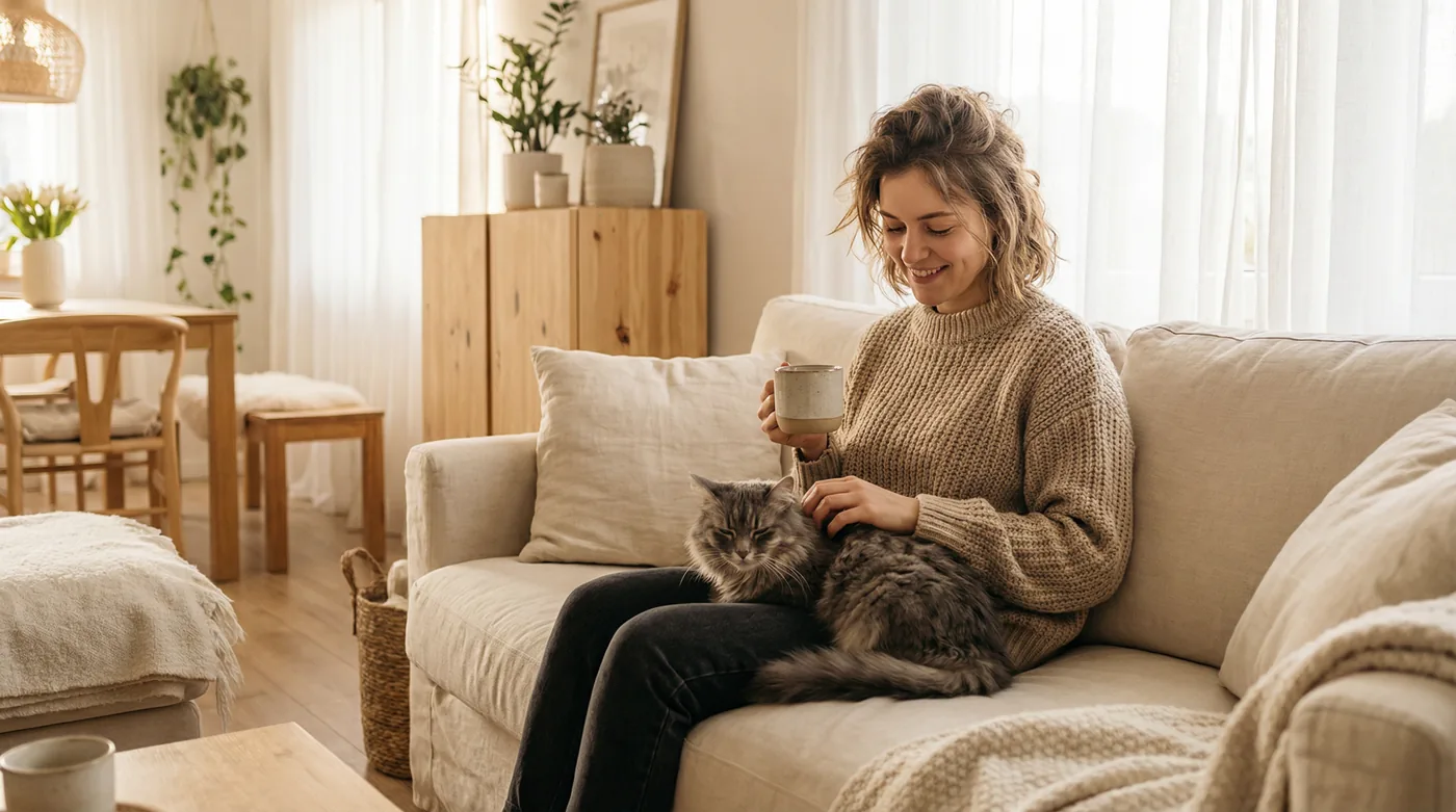 A woman sitting on a cream sofa in morning light, a grey cat curled contentedly in her lap while she holds a mug of tea
