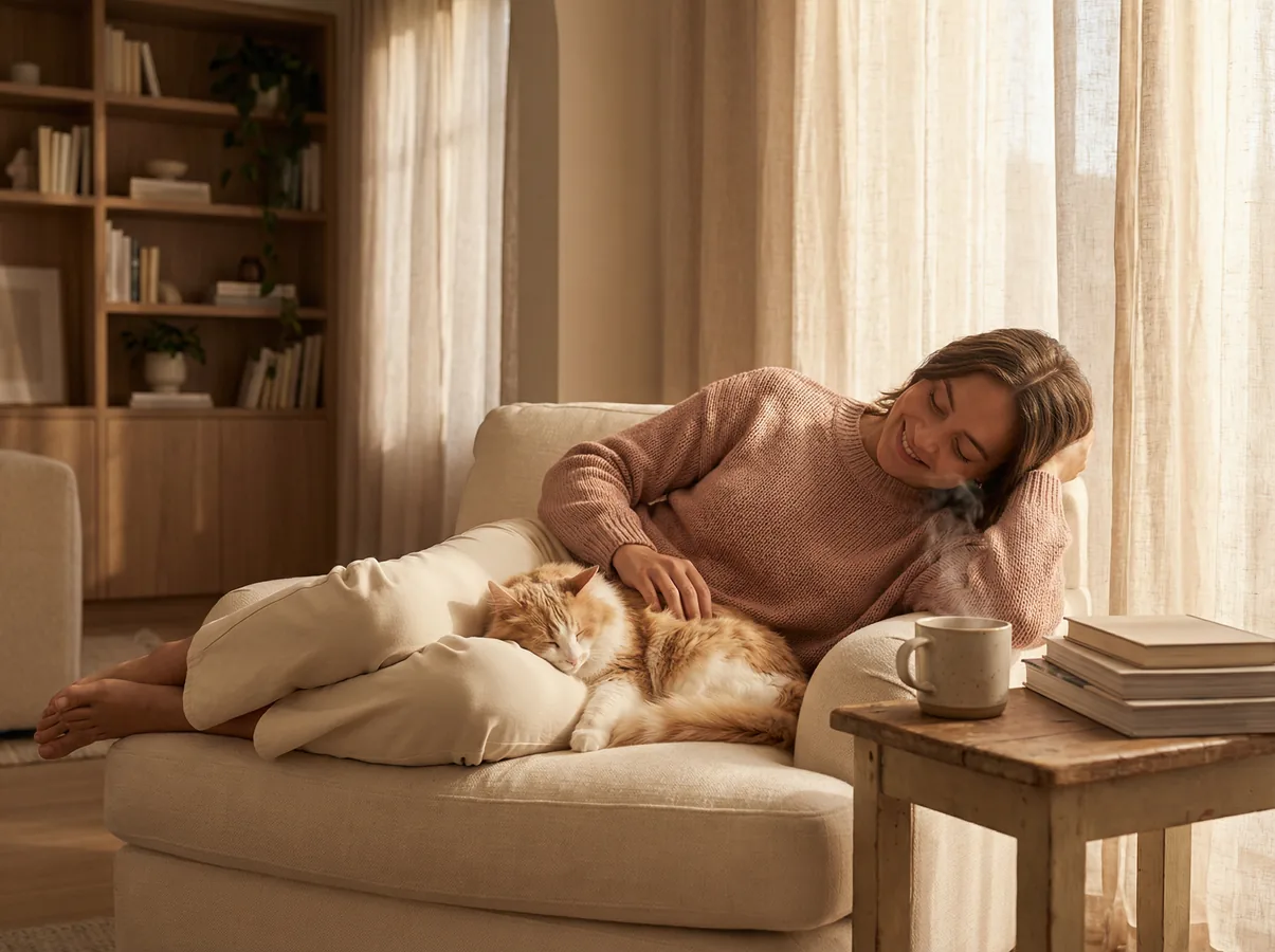 A person relaxing on a cream armchair with a fluffy orange cat contentedly curled up on their lap, warm afternoon light