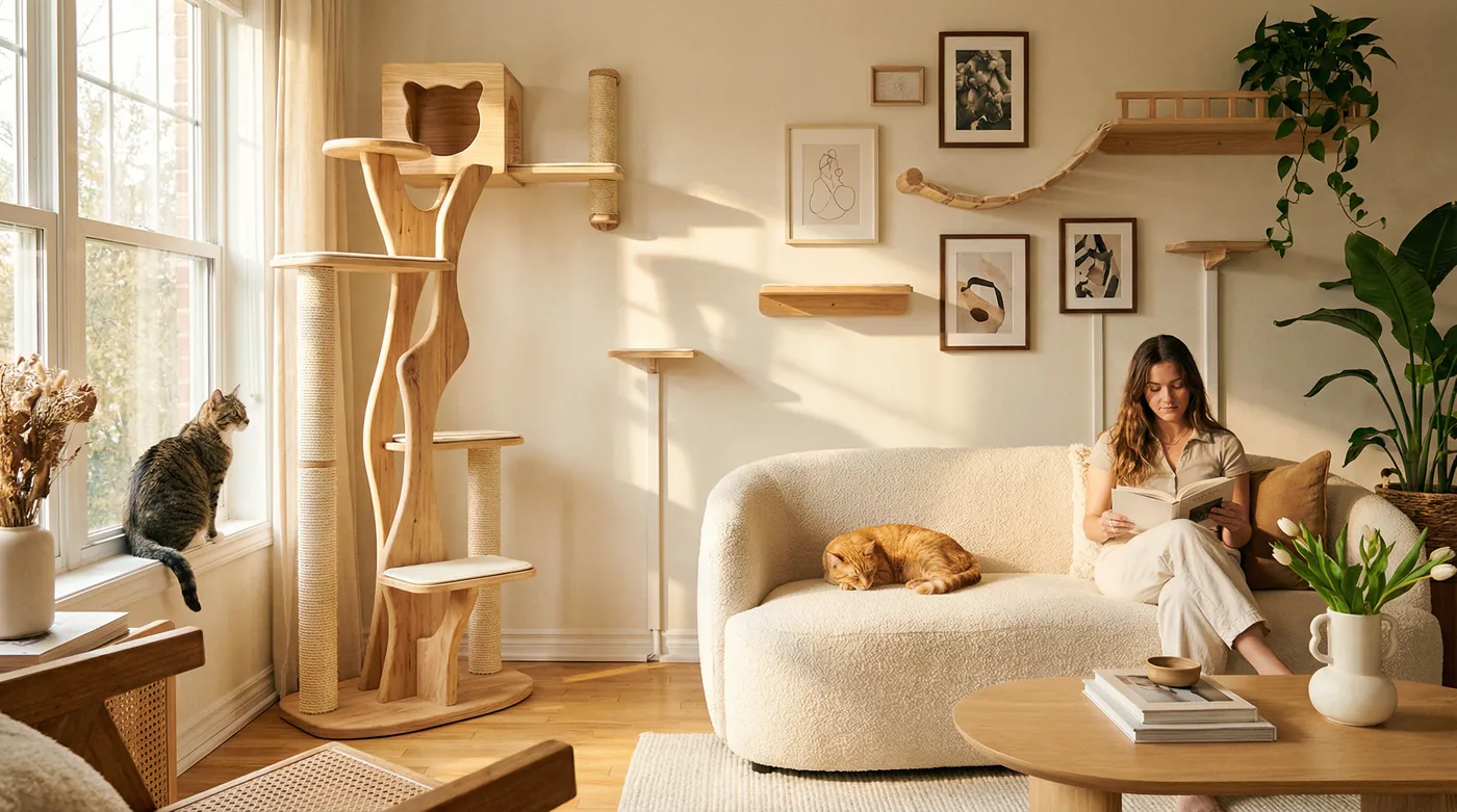 A bright, modern living room with a stylish cat tree, wall-mounted cat shelves, and a woman reading with a cat beside her