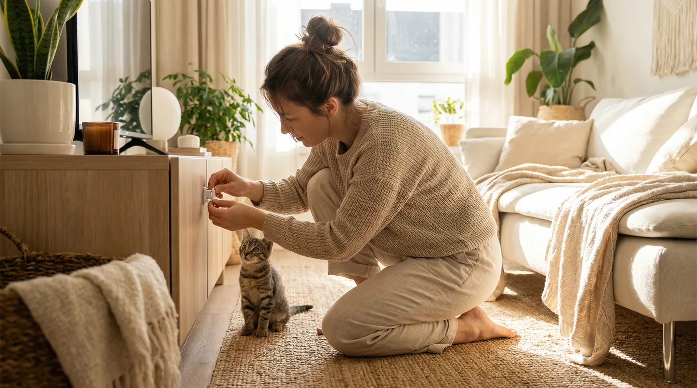 Woman securing a cabinet latch while a curious tabby kitten watches — cat-proofing your home before adoption