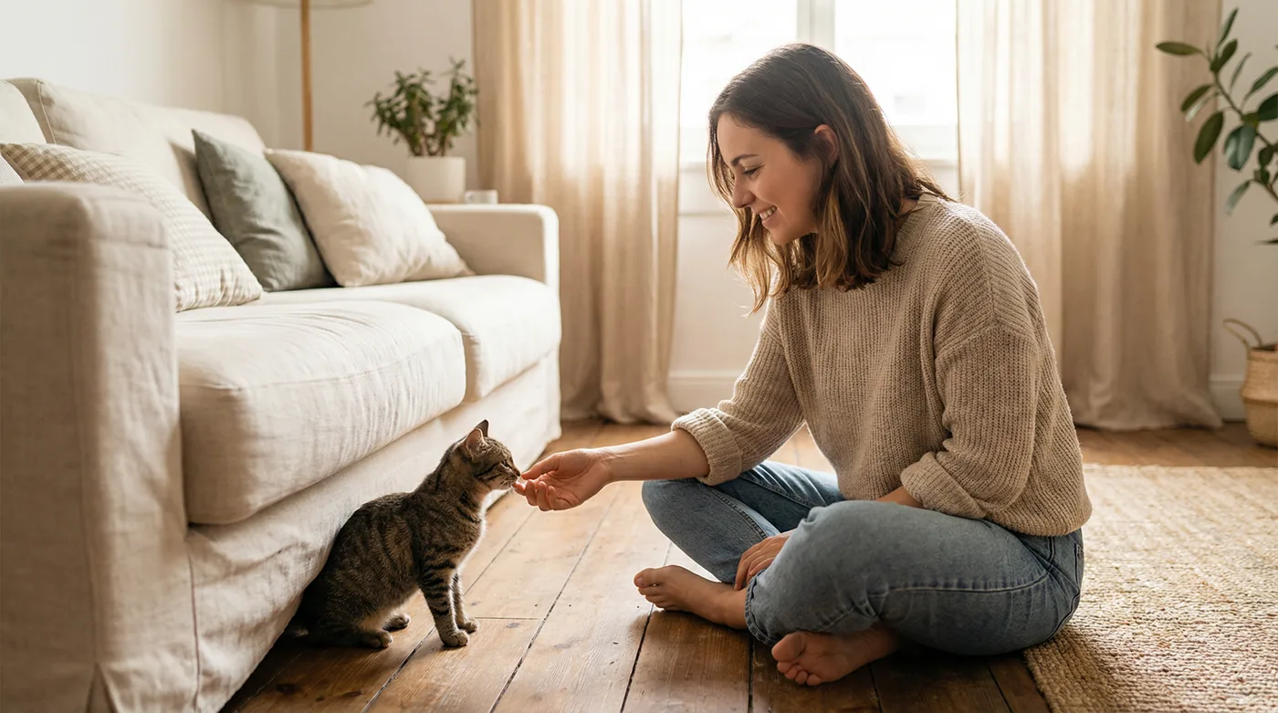 A woman gently extends her hand toward a shy tabby cat cautiously sniffing her fingers — the beginning of trust
