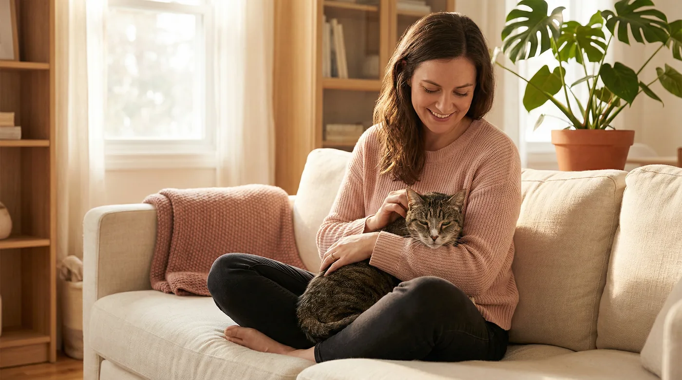 Woman sitting on a cozy sofa gently holding a senior tabby cat in her arms