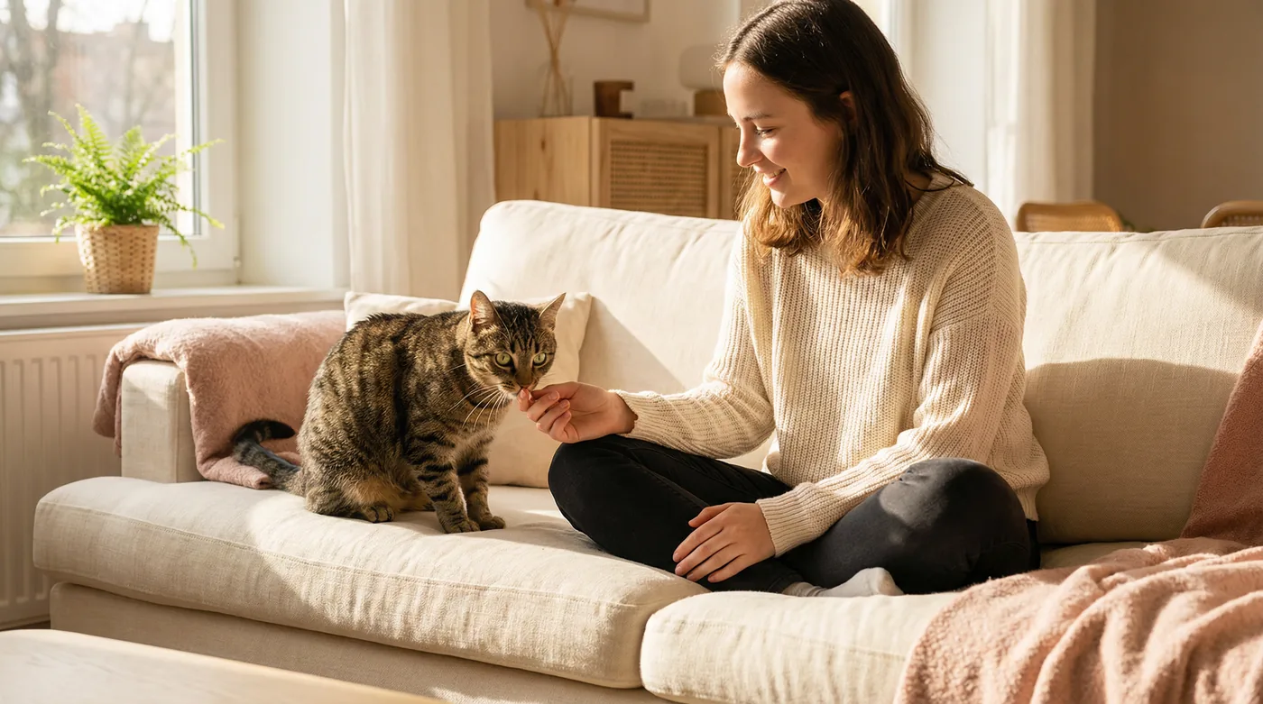 A woman sitting on a sofa gently reaching toward a curious tabby cat who is sniffing her hand