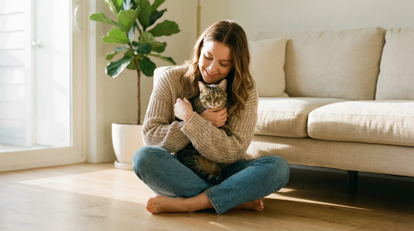 Young woman sitting on hardwood floor holding a tabby cat in a warm, sunlit living room