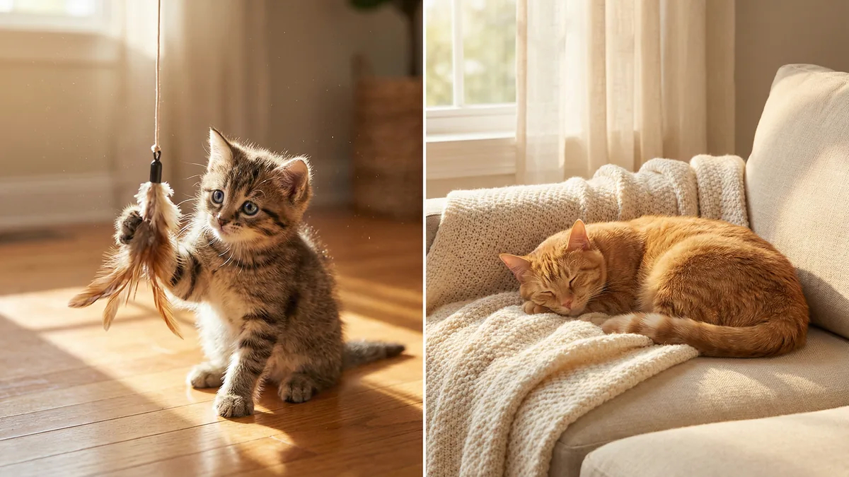 Split image showing a playful tabby kitten on the left and a serene adult orange cat resting on a sofa on the right