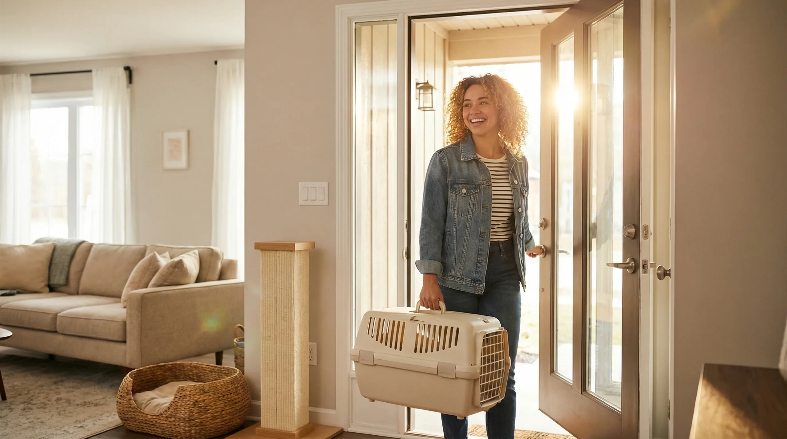 Woman carrying a cat carrier through her front door with a joyful smile, cozy apartment visible behind her