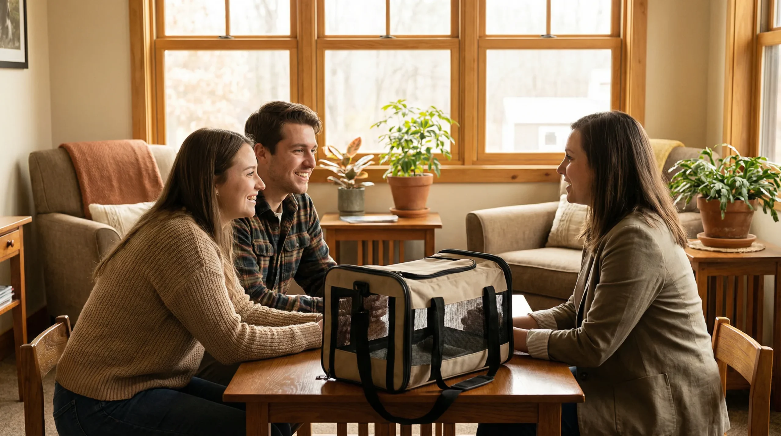 Couple smiling during a cat adoption interview with a counselor, cat carrier on the table between them