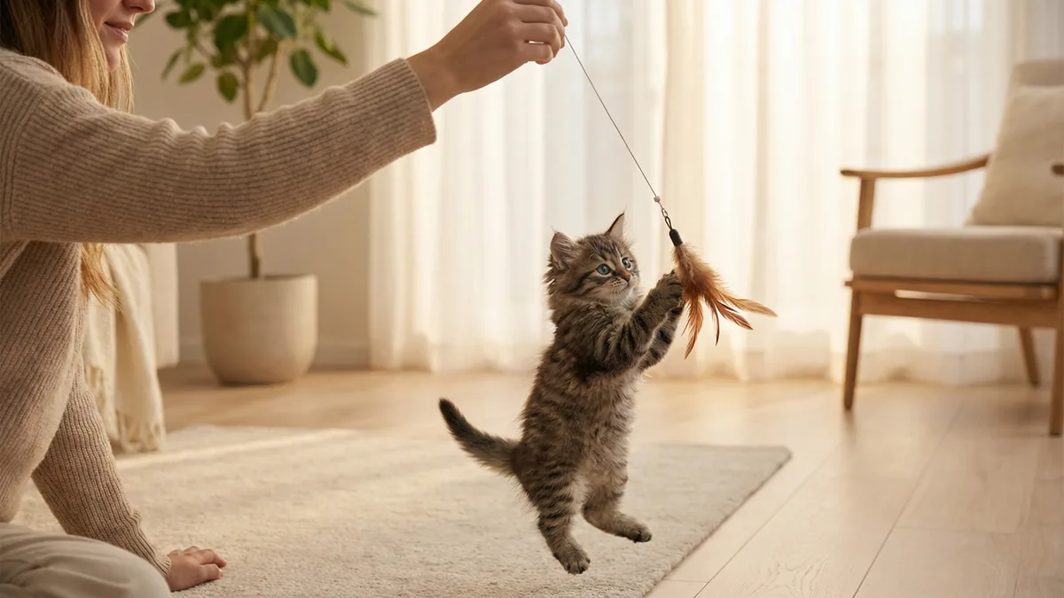 A small fluffy tabby kitten with bright blue eyes playfully jumping to catch a feather toy held by a woman in a bright modern living room