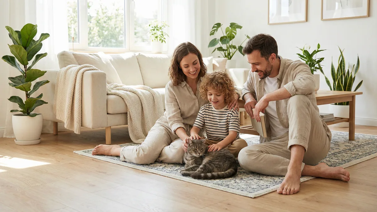 A happy family — couple and young child — sitting on the floor together with a calm adult grey tabby cat in a bright, modern living room