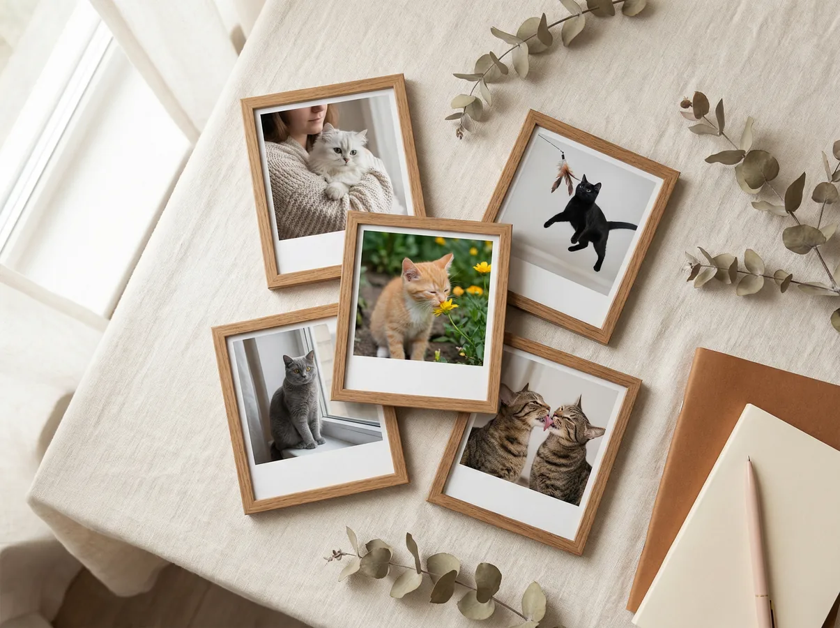 Five framed photos of different cat personality types arranged on a cream linen surface with eucalyptus sprigs