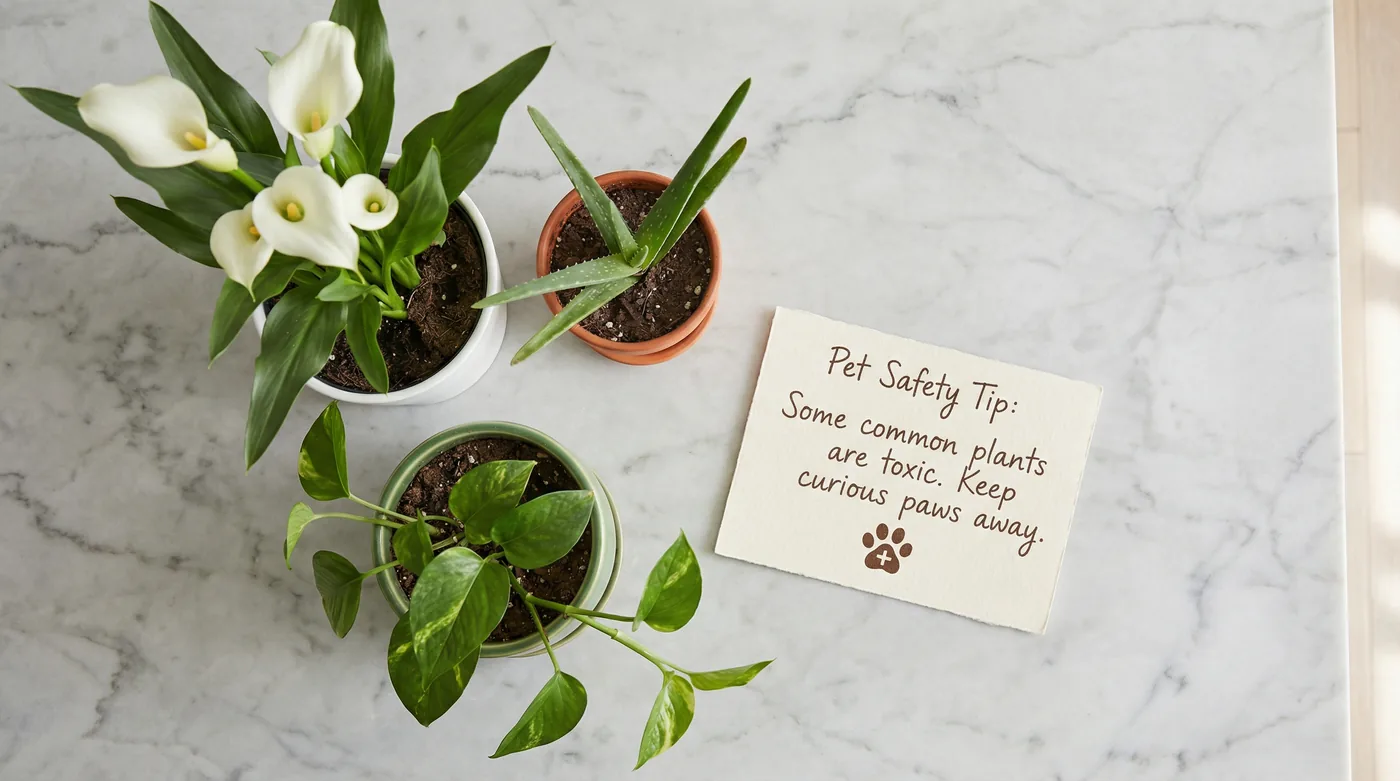 Common houseplants toxic to cats — lily, pothos, and aloe vera — with a pet safety reminder card