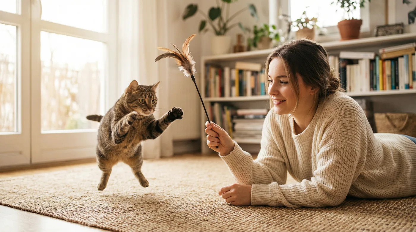 A woman playing with a tabby cat using a feather wand toy — the cat leaping mid-air with bright, focused eyes