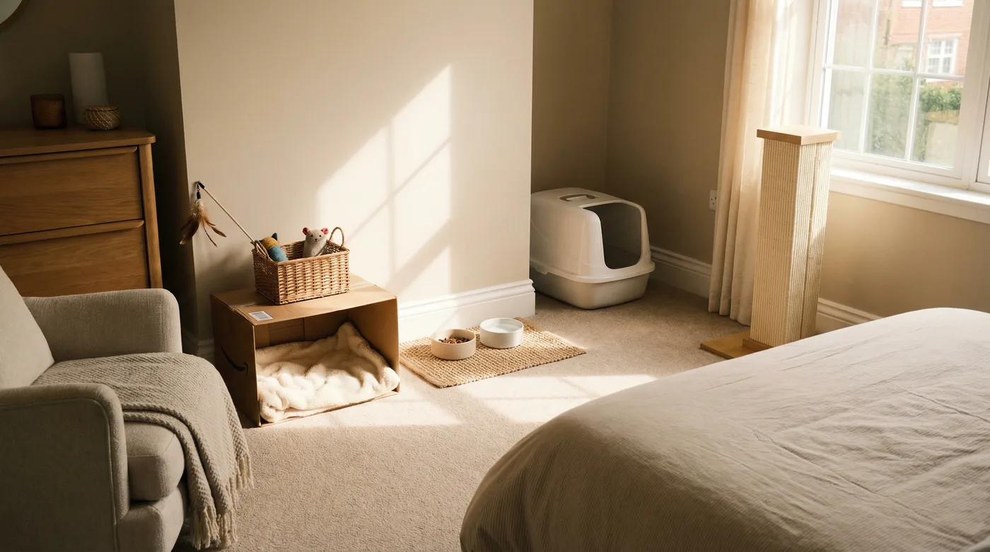 A cozy bedroom set up as a cat safe room with litter box, food bowls, cardboard hiding box, and scratching post