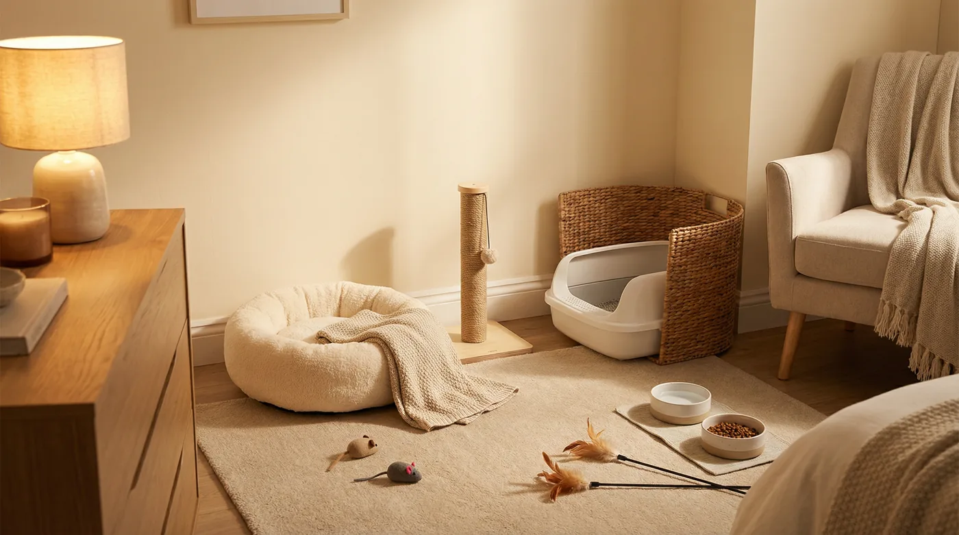 A cozy, thoughtfully prepared safe room for a new cat — cat bed, litter box, food bowls, scratching post, and toys