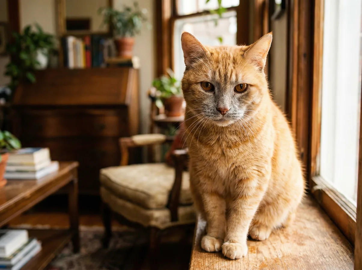Senior orange tabby cat with a greying muzzle sitting in a sunlit window with a calm, wise expression