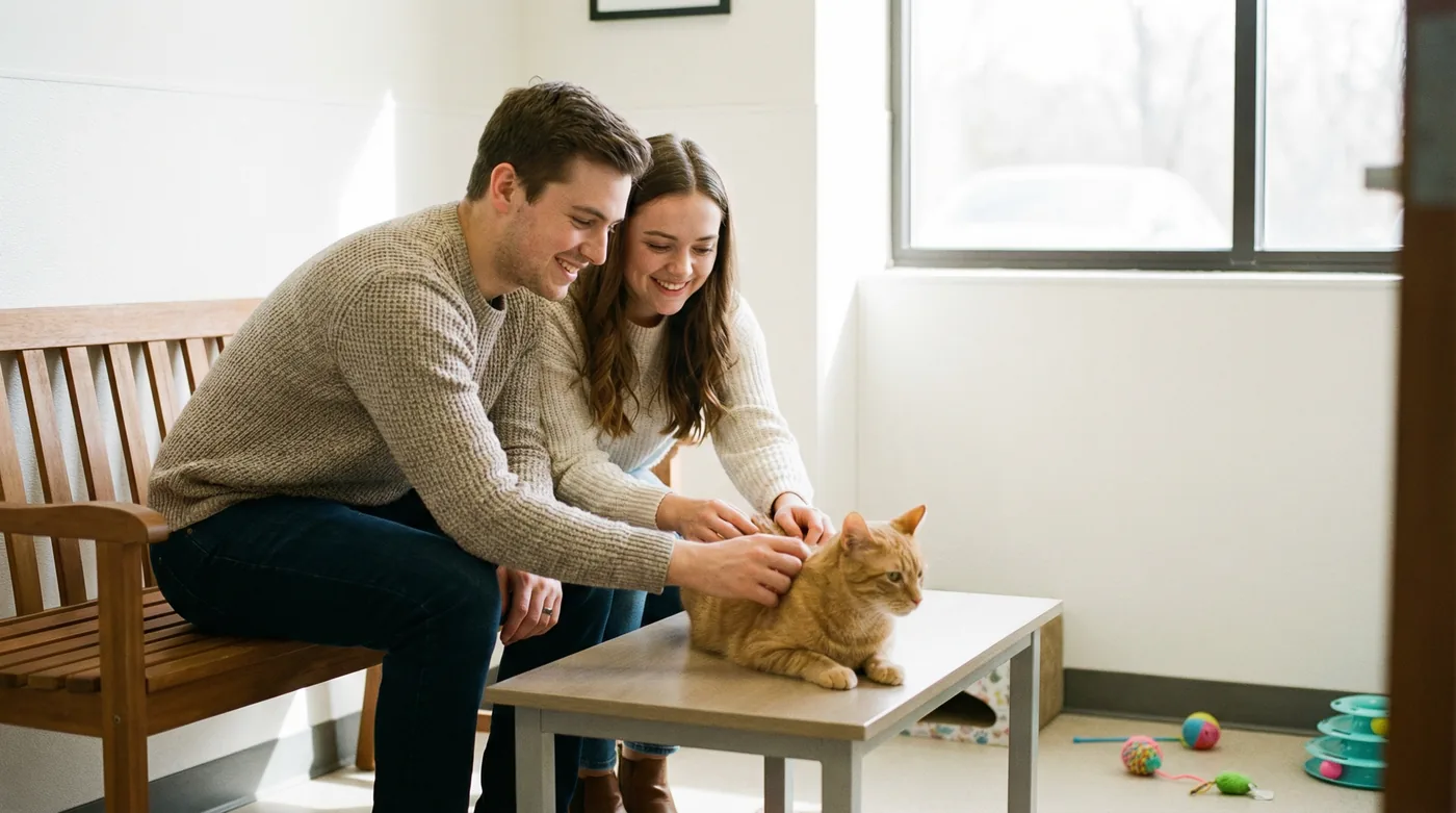 Young couple meeting an orange tabby cat at a shelter meet-and-greet room