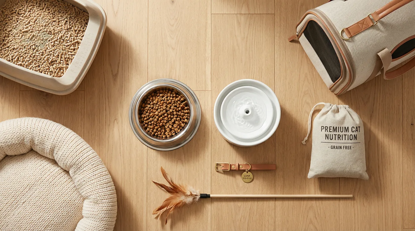 Flat-lay of new cat supplies including food bowl, litter box, toys, and cat bed on a light wood surface
