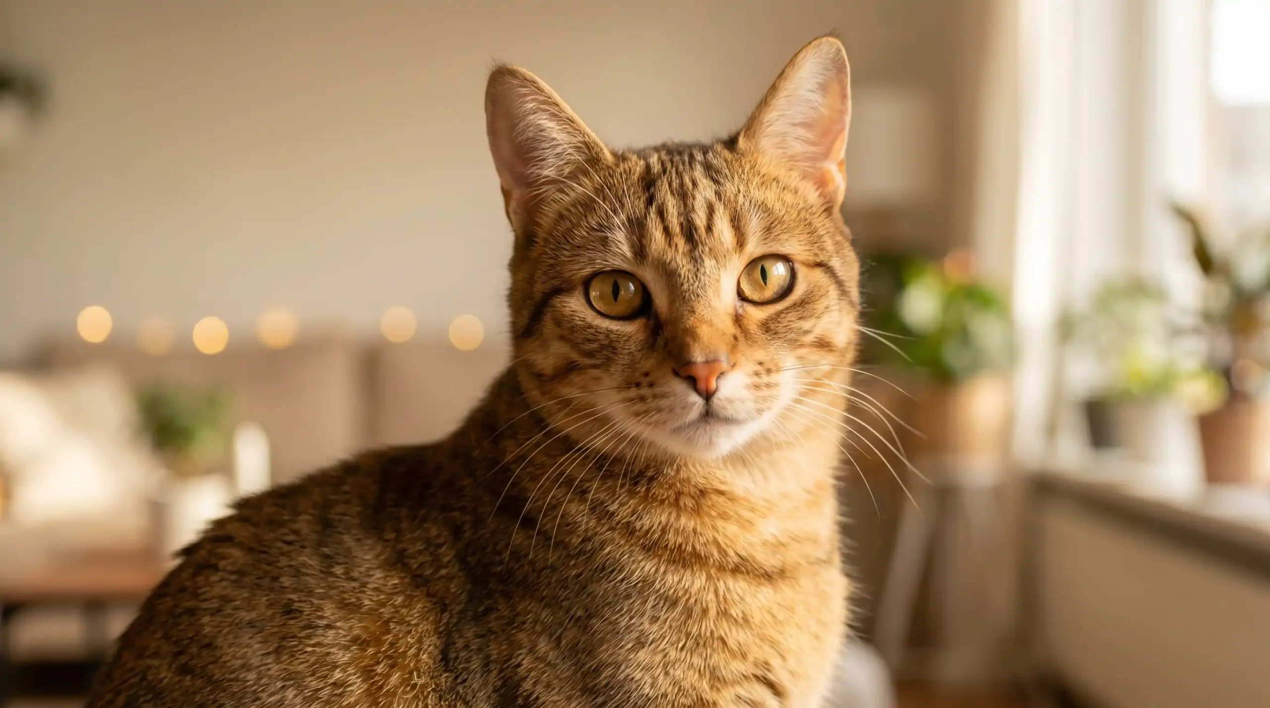 A healthy domestic cat with strikingly bright, clear amber eyes and a glossy, well-groomed coat — the hallmarks of genuine feline vitality.