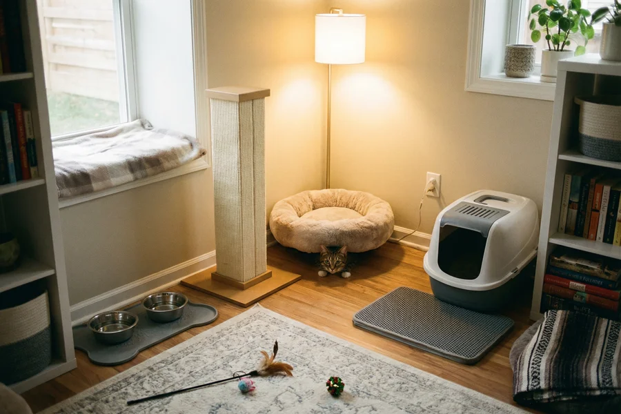 A cozy cat safe room setup for a new cat's first days