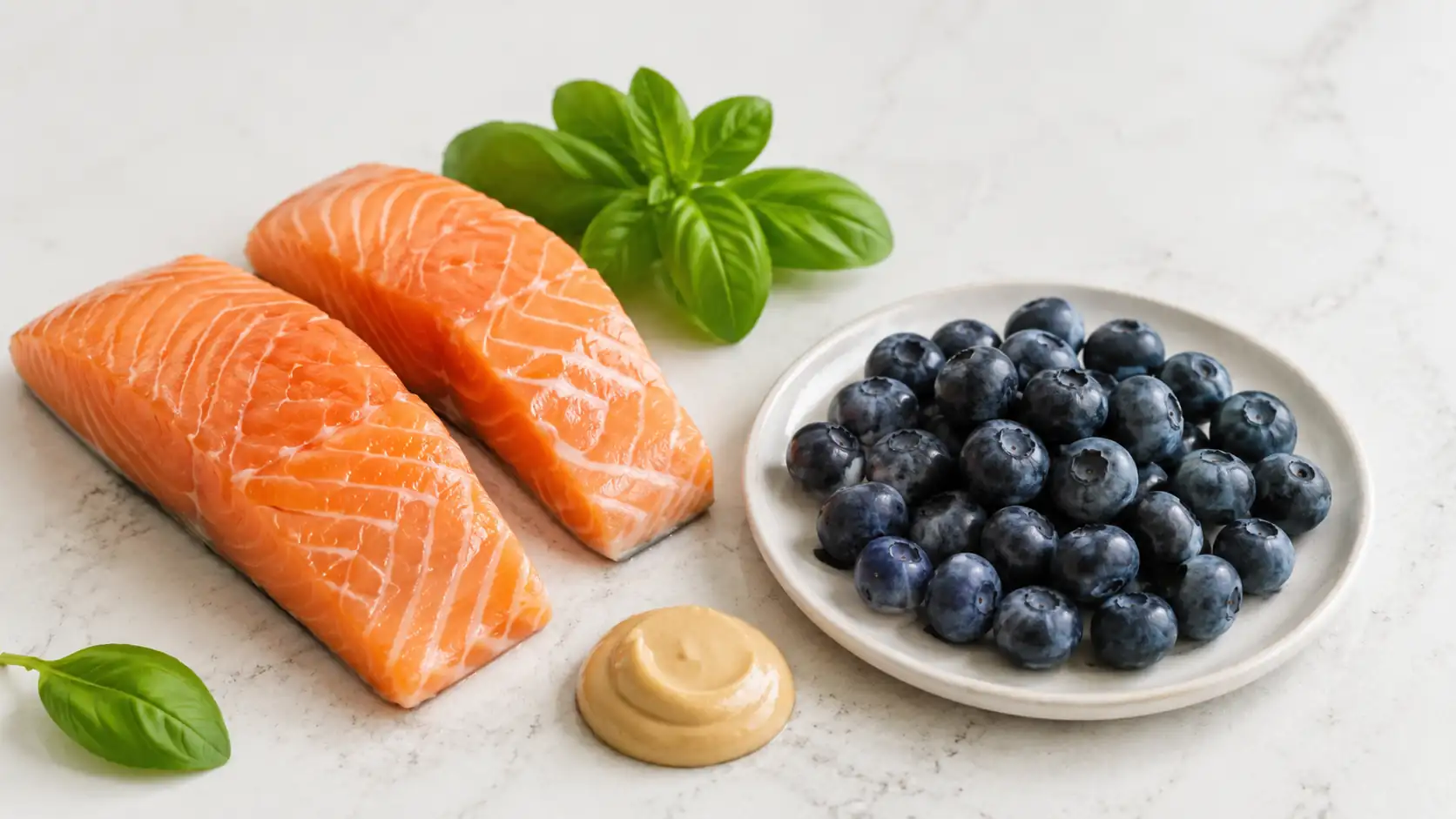 Salmon blueberries and cat-safe food ingredients on a clean table
