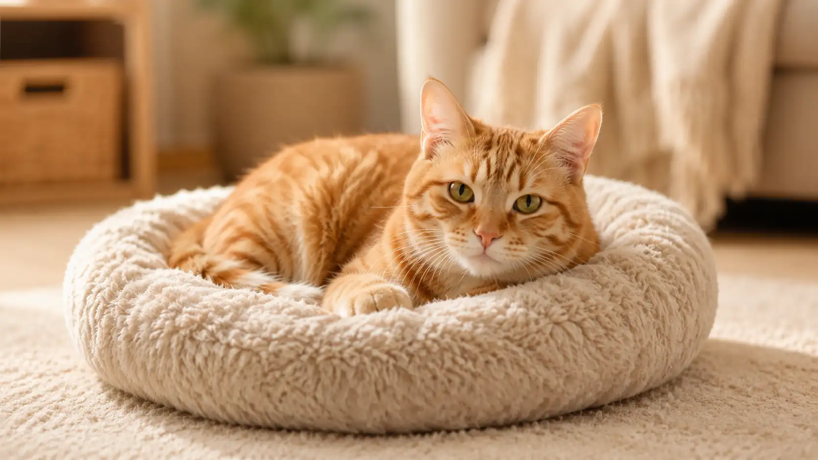 Orange cat resting in a soft bed for daily cat care planning
