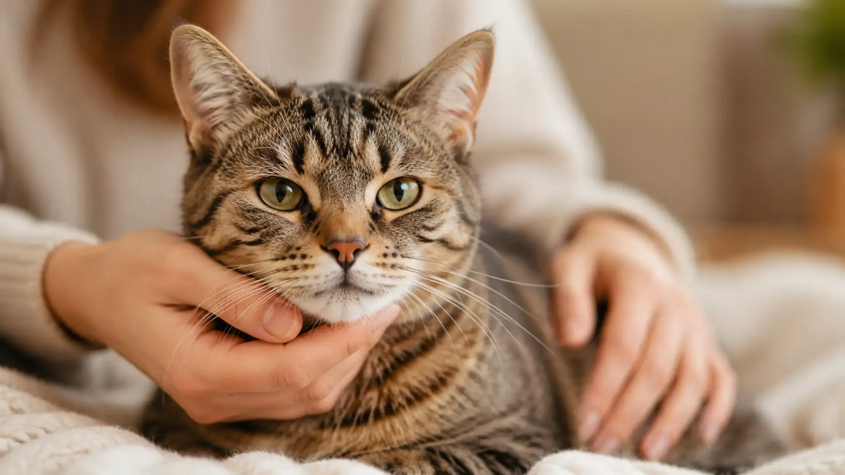 Cat being gently checked by a person in a calm home setting