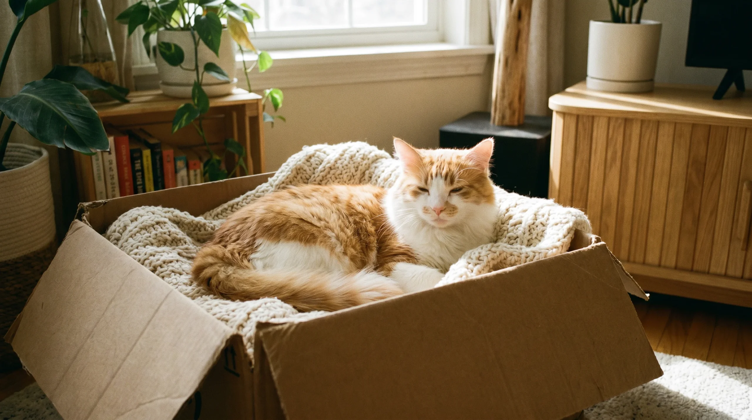 Das freiwillige Verstecken an einem kuscheligen Ort, z. B. in einem Karton, ist eine gesunde Methode für Katzen, sich zu entspannen und ihren Stresspegel zu regulieren.