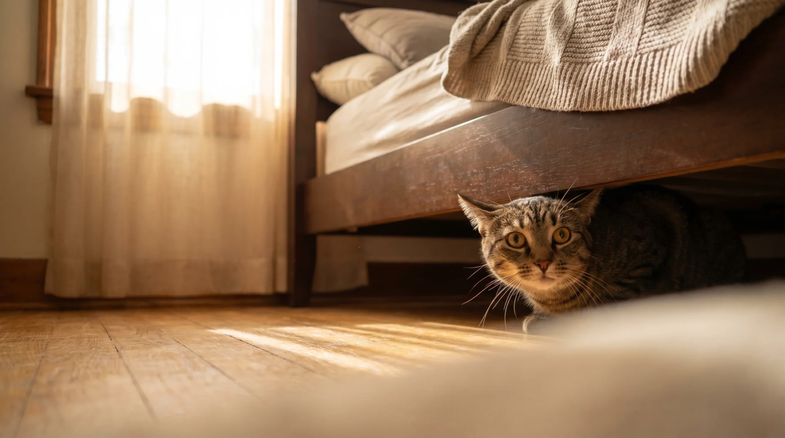 Eine Katze, die sich unter dem Bett versteckt, sucht oft einen dunklen, geschlossenen Raum, um sich sicher zu fühlen und ihre Umgebung gefahrlos zu beobachten.