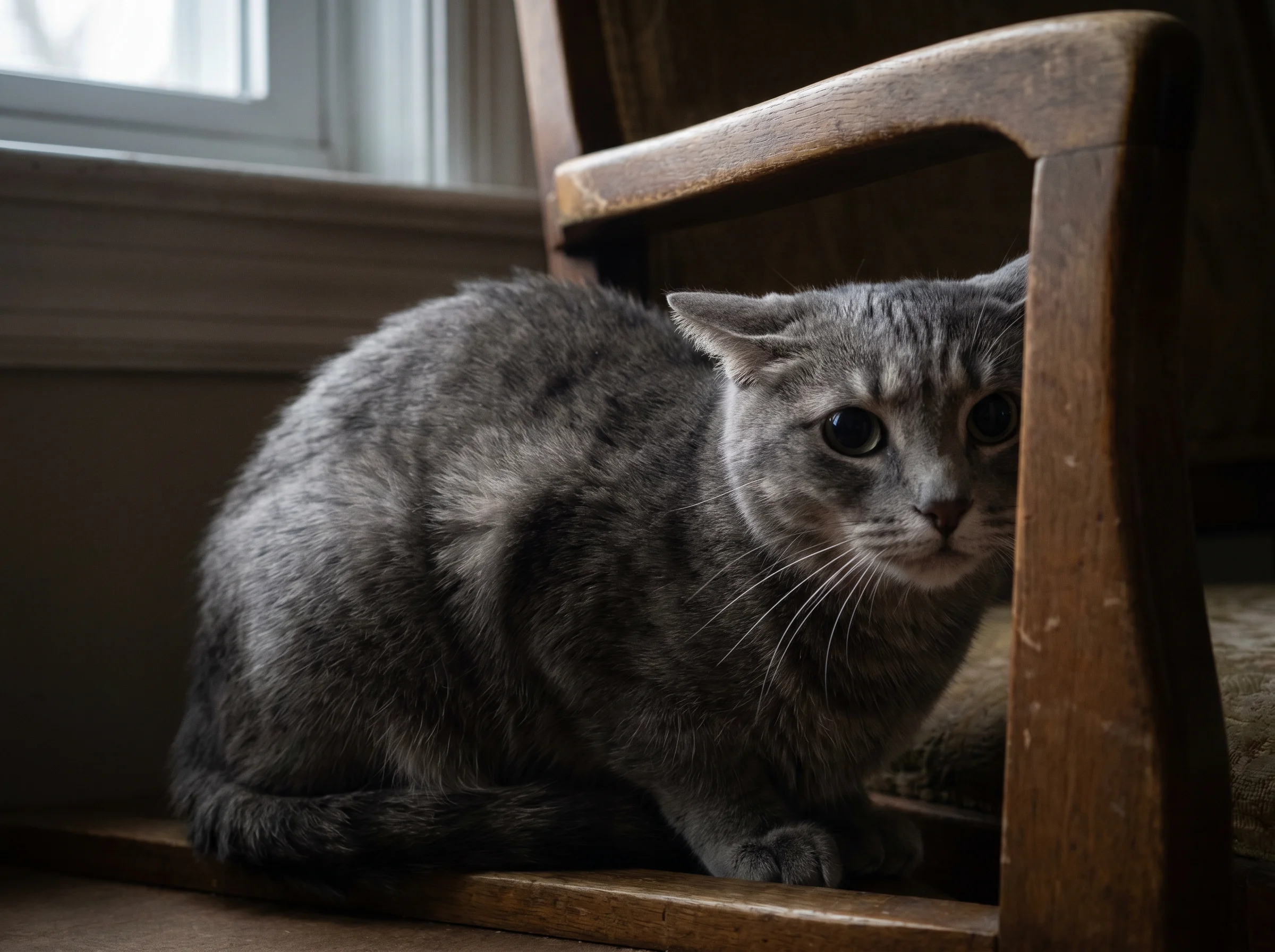 Eine gestresste Katze zeigt oft abgeflachte Ohren, geweitete Pupillen und eine eng anliegende Körperhaltung.