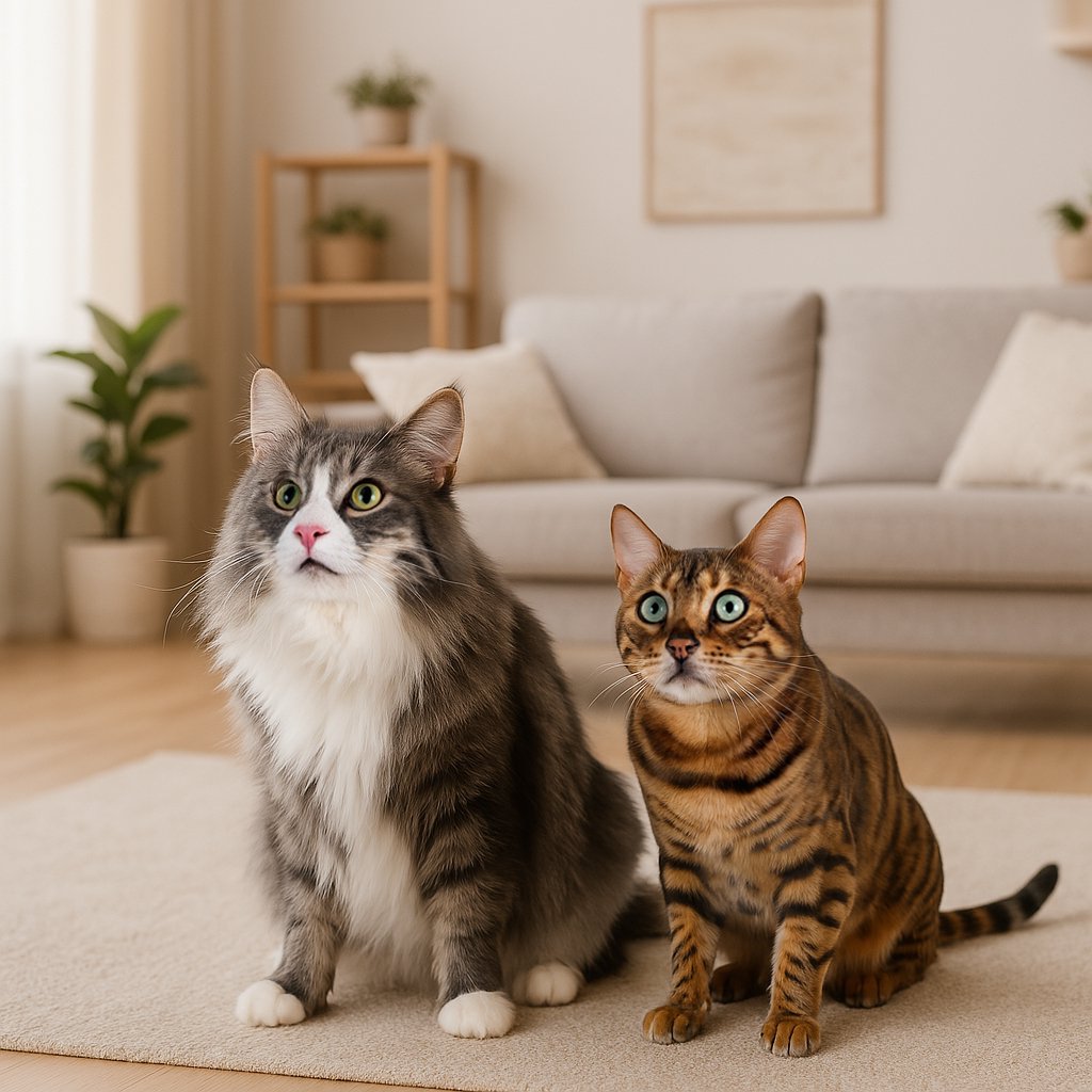 Norwegian Forest cat and bengal cat