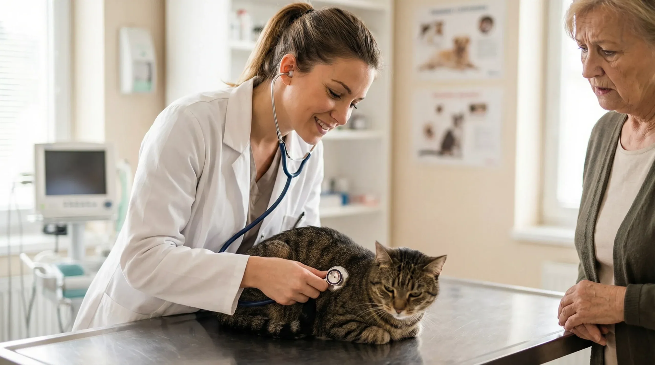 Veterinarian examining a cat with an owner