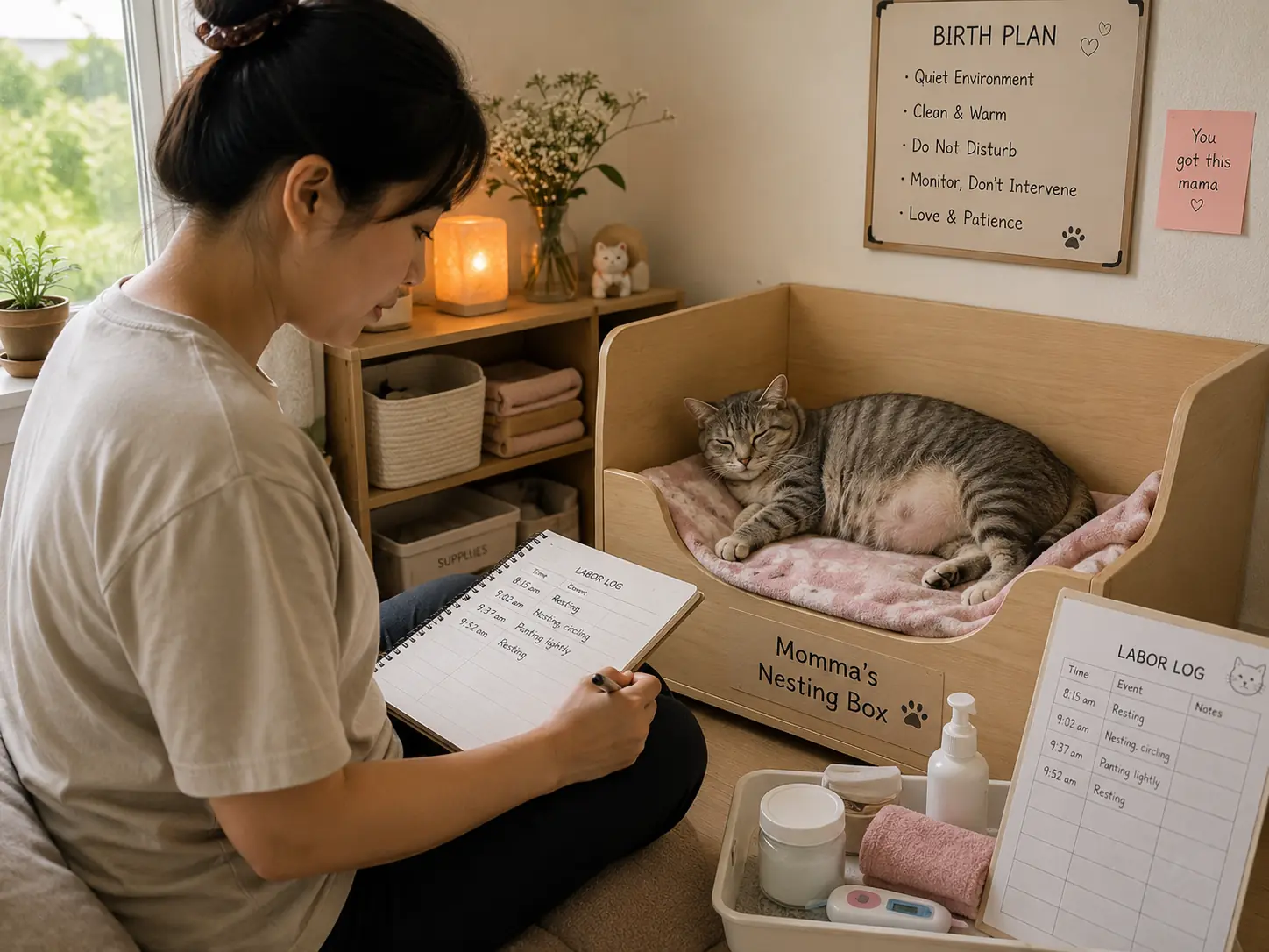 Cat parent calmly writing a labor log on a notebook while a pregnant cat rests undisturbed in a nearby nesting box.