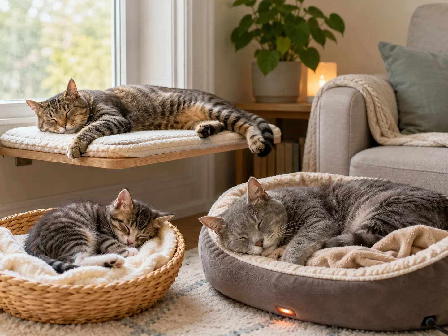 Kitten, adult cat, and senior cat resting in different cozy spots to show that normal cat sleep varies by age.