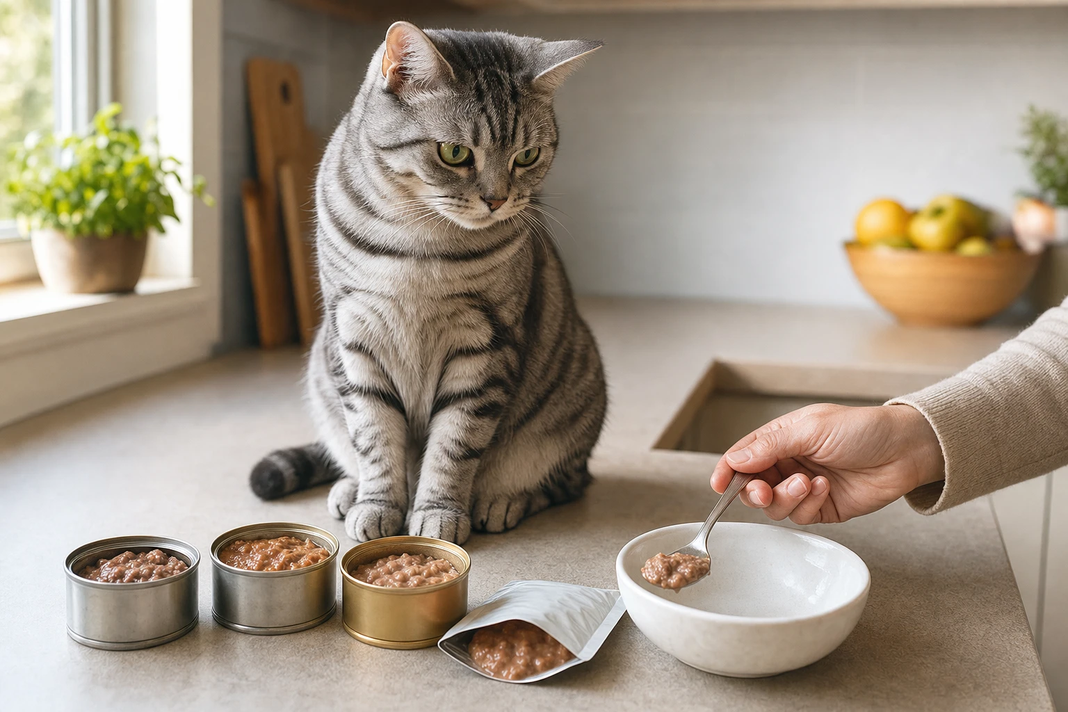 Silver tabby cat beside wet cat food cans and pouch while a spoon fills a bowl — illustrates comparing wet food options before feeding